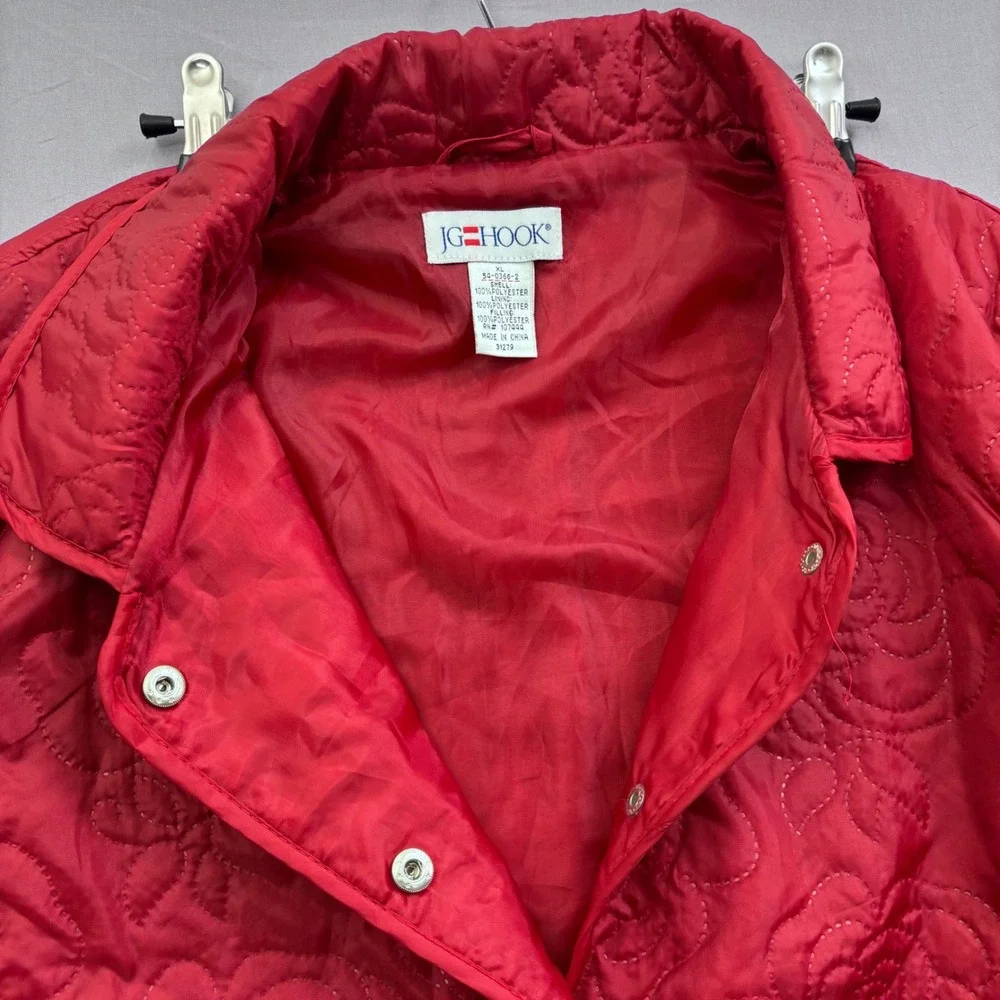 JG Hook Red Rose Floral Quilted Jacket Women XL Snap Front Peter Pan Collar Coat
